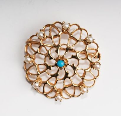 null 14K GOLD BROOCH TURQUOISE PEARLS 
14K yellow gold brooch representing an eye...