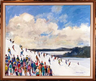 null BOBAK, Molly Joan Lamb (1922-2014) 
"Skiers, Crabb Mountain #1"
Oil on canvas
Signed...