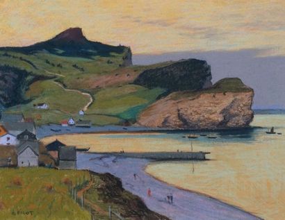 null PILOT, Robert Wakeham (1898-1967) 
Rocher des Trois Soeurs, Percé, Gaspésie
Pastel
Signé...