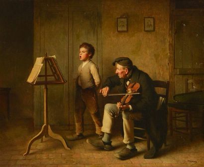 null MOREAU, Charles (1830-1891)
"The singing lesson"
Oil on board
Signed on the...