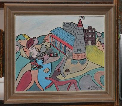 null VILLENEUVE, Arthur (1910-1990)
"Picasso et son château"
Huile sur toile
Signée...