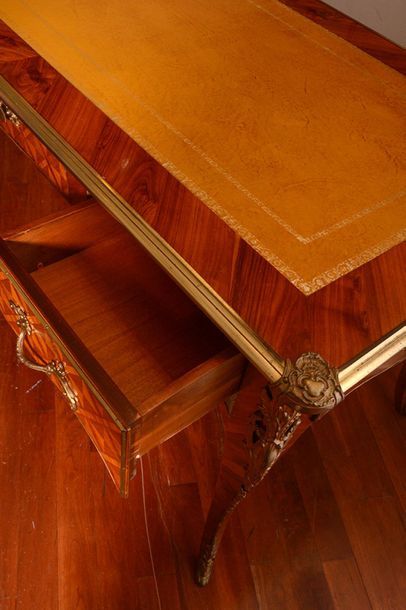 null Louis XV style flat desk in rosewood veneer with marquetry arranged in a trellis,...