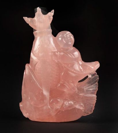 null CHINE, QUARTZ ROSE
Tabatière en quartz rose sculptée avec un enfant à cheval...