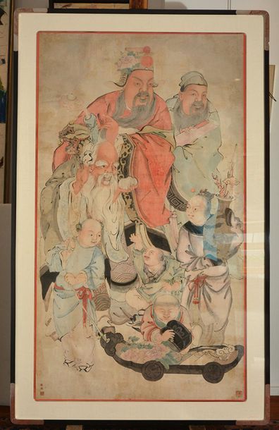 null CHINESE PAINTING XIXth
Ink and color painting on paper, representing a group...