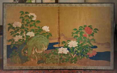 null JAPANESE SCHOOL XIXe
Byobu screen with two leaves, painted in ink and colors...