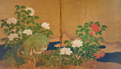 null ECOLE JAPONAISE XIXe
Paravent Byobu à deux feuilles, peint à l’encre et couleurs...