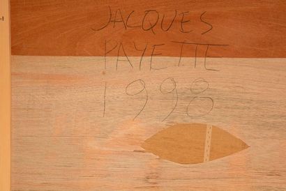 null PAYETTE, Jacques (1951-) 
"Ce qu'on y joue" 
Encaustic on canvas laid on wood
Signed...