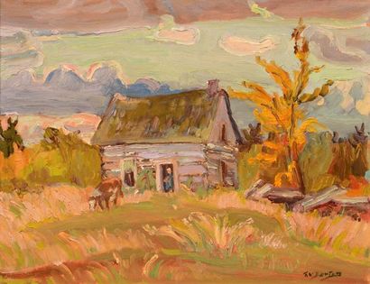 null BURTON, Ralph Wallace (1905-1983)
"Old loog-home(?) near Prospect, Ont"
Oil...