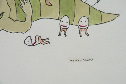 null DZAMA, Marcel (1974-)
Kid on slug
Watercolour and ink
Signed on the lower right:...