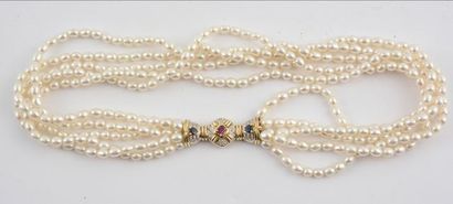null NECKLACE PEARLS, 14K GOLD, DIAMONDS, SAPPHIRES RUBIES
5 row pearl necklace adorned...