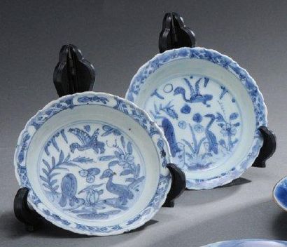 null Paire d'assiettes en porcelaine à décor « bleu blanc » (qing hua) d'oiseaux....