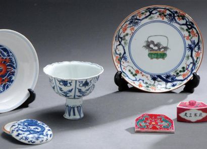 null Coupe à pied dans le style Ming en porcelaine à décor « bleu blanc » (qing hua)....