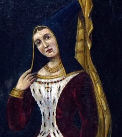  ÉCOLE EUROPÉENNE XIXe 
"Marie de Bourgogne" 
Huile sur panneau de bois 
Titrée en...