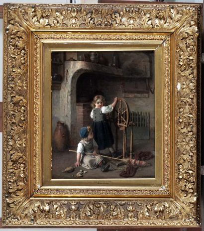  SEIGNAC, Paul (1826-1904) 
"The spinning wheel" 
Oil on wood panel 
Signed on the...