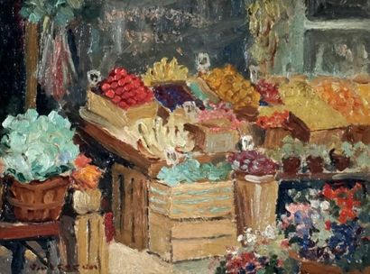 null CARON, Paul Archibald (1874-1941) 

"Fruit stall, Bonsecours Market

Oil on...