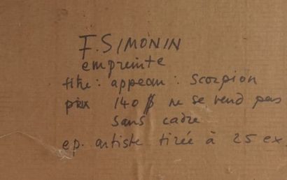null SIMONIN, Francine (1936-2020)

"Appeau scorpion"

Lithographie

Signée et datée...