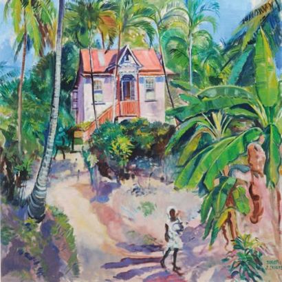 STEVENS, Dorothy RCA (1888-1966) "Spice Island, B.W.I." Huile sur toile Signée en...