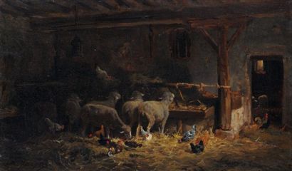 JACQUE, Charles Emile (1813-1894) "A l'abri" Huile sur toile Signée en partie inférieure...