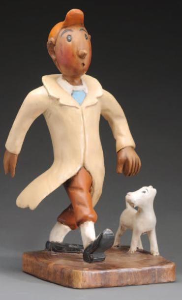 TINTIN Sculpture en bois peint polychrome représentant Tintin et Milou. Années 1960...
