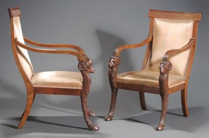 PREMIER EMPIRE (1804-1815) Paire de fauteuils en noyer garnis d'une soie rayée, les...