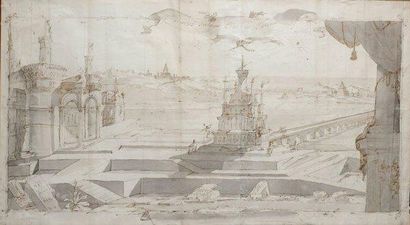 ÉCOLE ITALIENNE XVIIe Fantaisie architecturale avec un temple Dessin, lavis, papier...