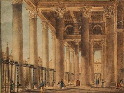 ÉCOLE EUROPÉENNE XIXe Entrée du Panthéon à Rome Dessin en couleur, papier Provenance:...