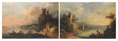 ÉCOLE HOLLANDAISE c. 1700 Scènes de ports Paire d'huiles sur toiles 34 x 53cm - 13.5...
