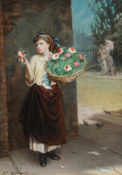 MULREADY, Augustus Edwin (1844-c.1903) "A street Flower Girl" Huile sur toile Signée...