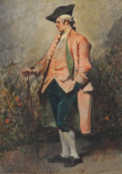 FAUVELET, Jean-Baptiste (1819-1883) Portrait d'un gentilhomme à la canne Huile sur...