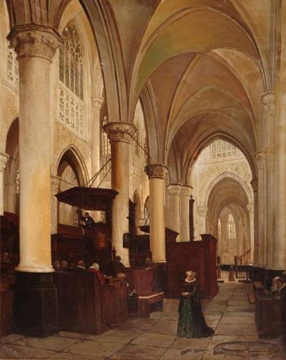 PAUWELS, Wilhem Ferdinand (1830- 1904) "Église protestante à Brèda" Huile sur toile...