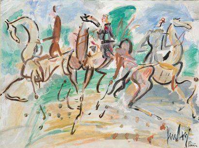 PAUL, Gen (1895-1975) "Horsemen...return of Longchamp" Gouache sur papier Signée...