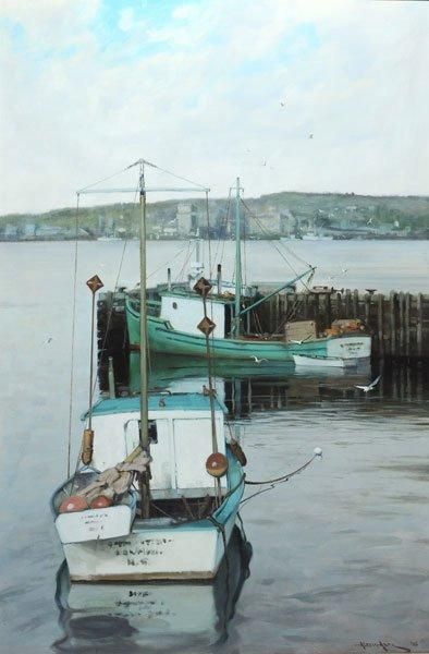 ARTS, Alexis (1940-) "Fishing boats, N.S." Huile sur toile Signée et datée en bas...