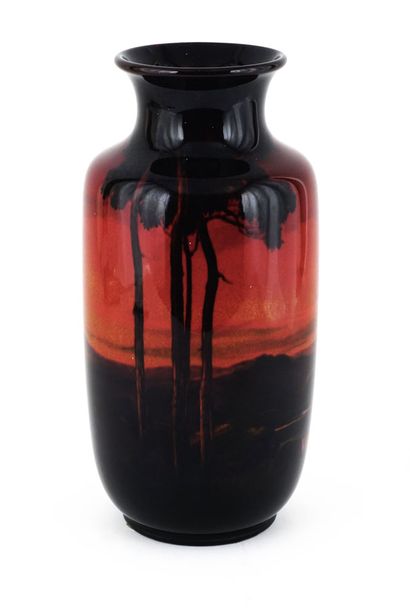 null Tall Royal Doulton flambé vase showing a twilight landscape in red, earth and...