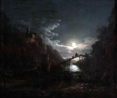  ÉCOLE ANGLAISE XIXe 
Autour d'Alexander NASMYTH 
Petit pont au clair de lune 
Huile...