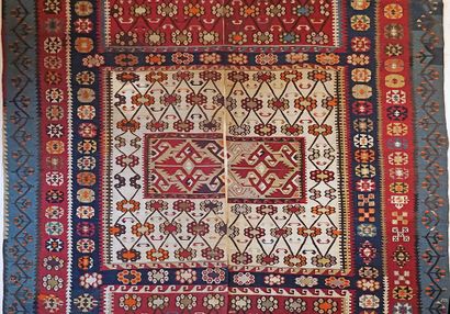  Pair of Central Anatolian Kilim rugs made up of two flat woven panels with dark...
