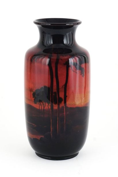 null Tall Royal Doulton flambé vase showing a twilight landscape in red, earth and...