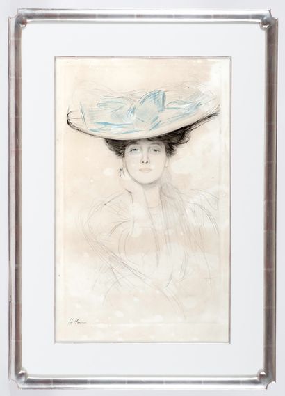  HELLEU, Paul César (1859-1927) 
"Le chapeau à plume, Melle Liane de Pougy", Élégante...
