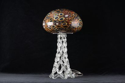  Large MURANO lamp with MILLEFIORI globe which rests on a transparent, openwork glass...