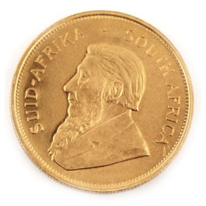 Une monnaie en or Krugerrand 1980 "Fyngoud 1oz Fine Gold", 33,9g préservée dans...