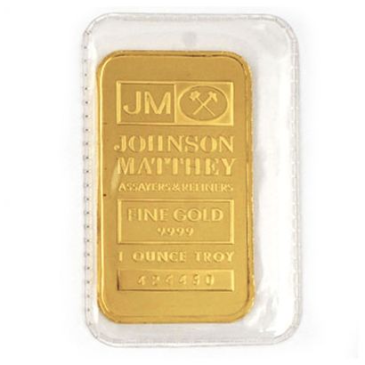 null One once Gold Troy .9999 Johnson Matthey 'Assayers Refiners", serie number 424430....