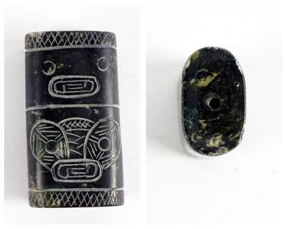 null Set of various objects in hard stones, including brush rests, a jade pin, and...