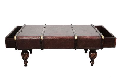 null Wooden travel trunk mounted on baluster feet lined with paper with gold and...