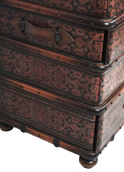 null Travel trunk opens with four rows of drawers, wood mounted with red and black...