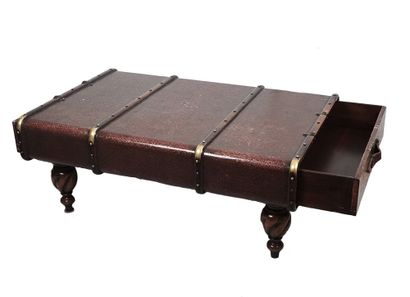 null Wooden travel trunk mounted on baluster feet lined with paper with gold and...