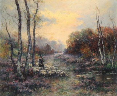 KOROCHANSKY, Michel (1866-1925) Berger dans un paysage fleuri Huile sur toile Signée...