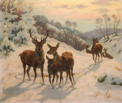 RÖTIG, Georges Frédéric (1873-1961) Paysage d'hiver avec chevreuils Huile sur toile...