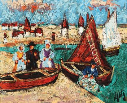 D'ANTY, Henry Maurice (1910-1998) "Retour de pêche" Huile sur toile Signée en bas...