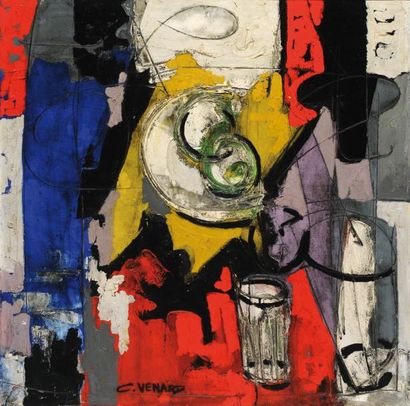 VÉNARD, Claude (1913-1999) Abstraction rouge, bleue, jaune Huile sur toile Signée...