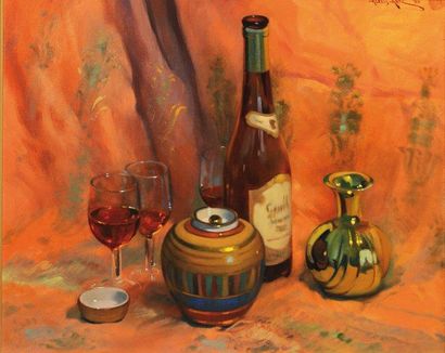 ARTS, Alexis (1940-) "Nature morte (avec vin)" Huile sur toile Signée et datée en...
