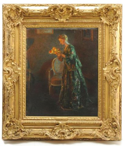 GRÜN, Jules Alexandre (1868-1934) Femme aux fruits Huile sur toile Signée en bas...